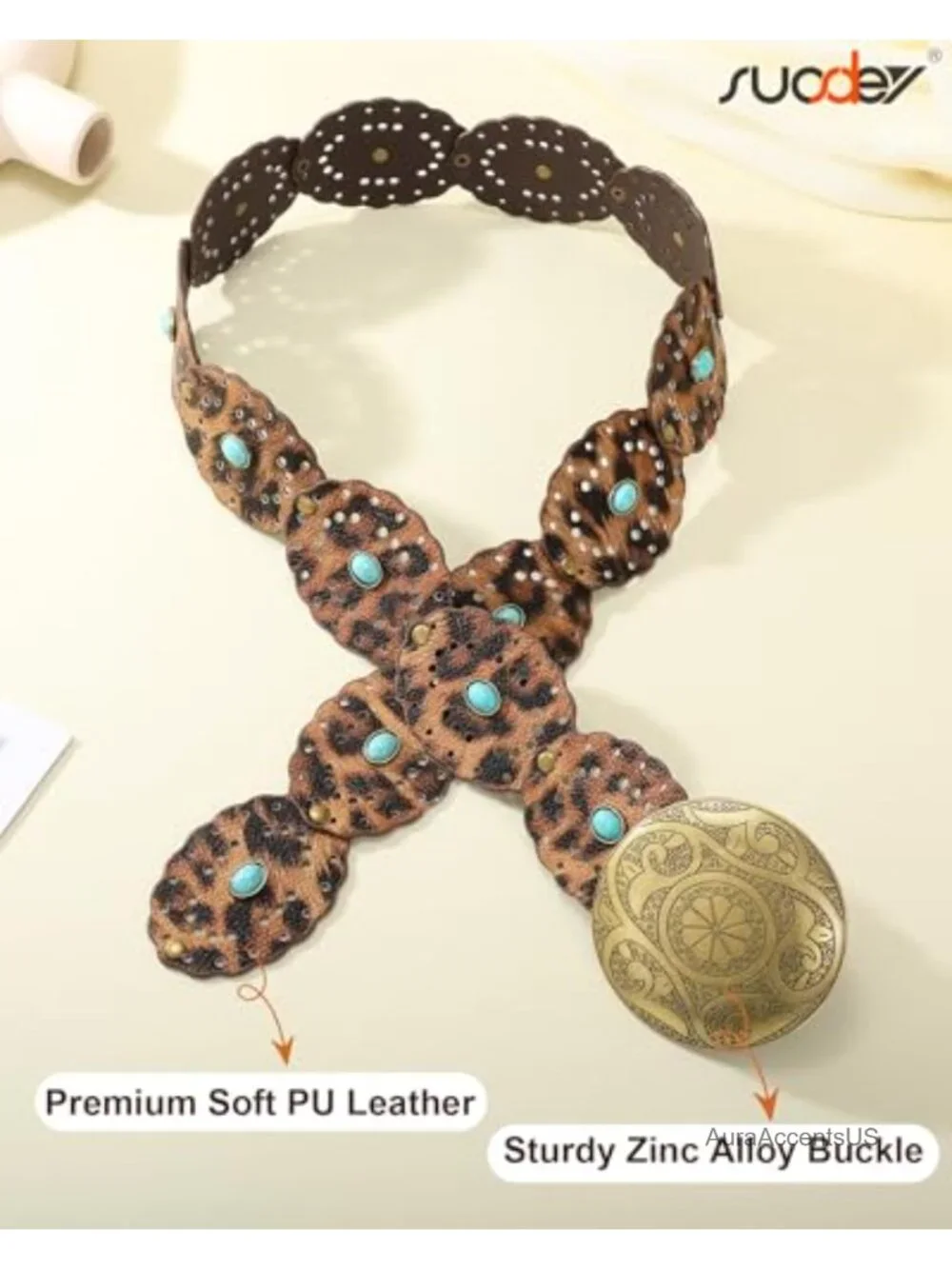 Wide Western Disc Belt with Turquoise - Cowgirl Cowboy Boho Country Leather